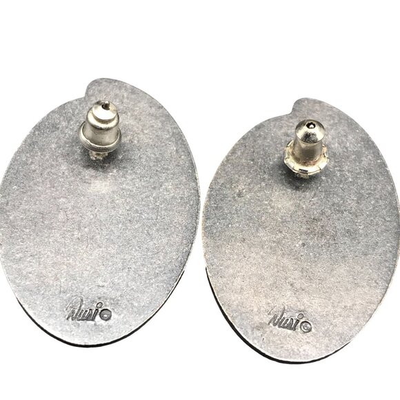 NURI Signed Inlaid Abalone Crystal and Leaves Evil Eye Design Pewter Stud Earrin - Picture 5 of 6